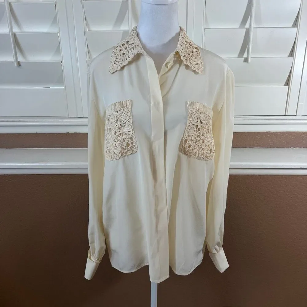 Vintage Valentino Miss V Ivory Silk Blouse Crochet Lace Collar Sz M Romantic 90s